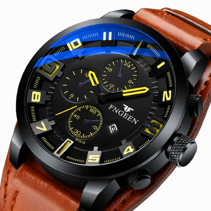 FNGEEN P1010 Men Fashion Large Dial Leather Belt Watch Student Casual Quartz Watch(Light Brown Leather With Yellow Words)-garmade.com