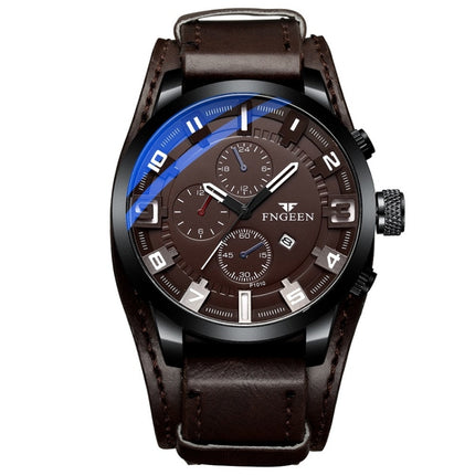 FNGEEN P1010 Men Fashion Large Dial Leather Belt Watch Student Casual Quartz Watch(Dark Brown Leather Coffee Surface)-garmade.com