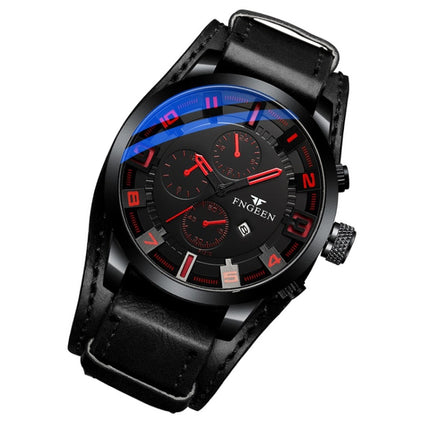 FNGEEN P1010 Men Fashion Large Dial Leather Belt Watch Student Casual Quartz Watch(Black Leather With Red Words)-garmade.com
