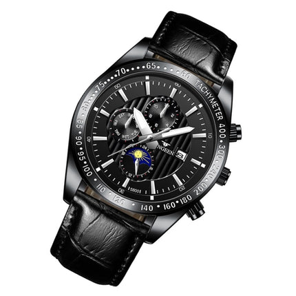 FNGEEN 5800 Men Three Eyes and Six Pins Watch Student Quartz Watch(Black Leather Black Steel Black Surface)-garmade.com