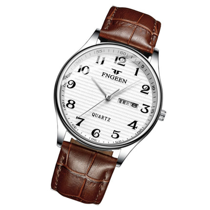 FNGEEN 7811 Middle-aged and Elderly Men Large Digital Dial Quartz Watch(Brown Leather White Steel White Surface)-garmade.com