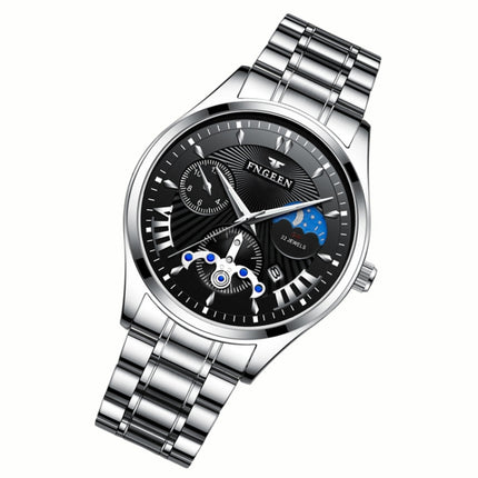 FNGEEN 5606 Men Luminous Casual Quartz Watch(White Steel White Shell Black Surface)-garmade.com