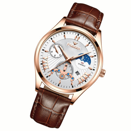 FNGEEN 5606 Men Luminous Casual Quartz Watch(Brown Leather Rose Shell White Surface)-garmade.com