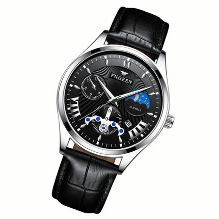 FNGEEN 5606 Men Luminous Casual Quartz Watch(Black Leather White Steel Black Surface)-garmade.com