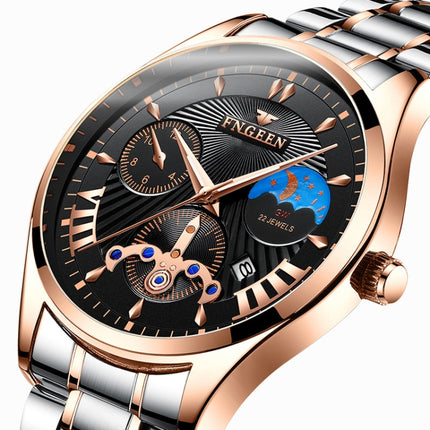 FNGEEN 5606 Men Luminous Casual Quartz Watch(Brown Leather Rose Shell Blue Surface)-garmade.com