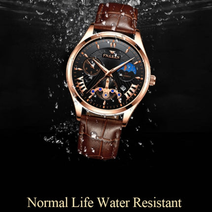 FNGEEN 5606 Men Luminous Casual Quartz Watch(Brown Leather Rose Shell Blue Surface)-garmade.com