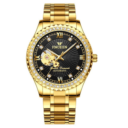 FNGEEN 8073 Men Automatic Mechanical Watch Diamond Hollow Fashion Watch(Full Gold Black Surface)-garmade.com