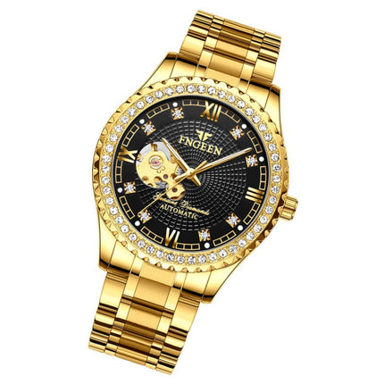 FNGEEN 8073 Men Automatic Mechanical Watch Diamond Hollow Fashion Watch(Full Gold Black Surface)-garmade.com