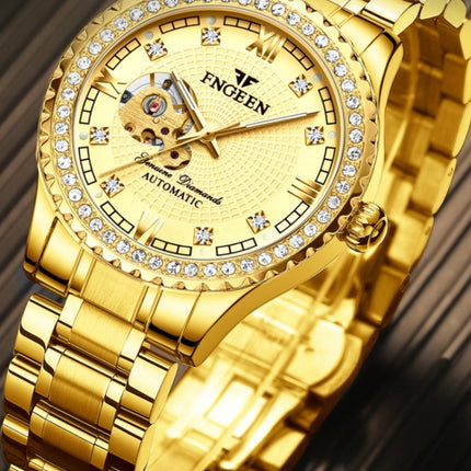 FNGEEN 8073 Men Automatic Mechanical Watch Diamond Hollow Fashion Watch(Full Gold Black Surface)-garmade.com