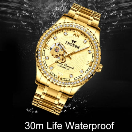 FNGEEN 8073 Men Automatic Mechanical Watch Diamond Hollow Fashion Watch(Full Gold Black Surface)-garmade.com