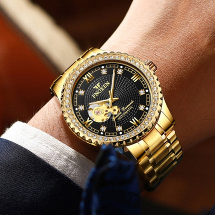 FNGEEN 8073 Men Automatic Mechanical Watch Diamond Hollow Fashion Watch(Full Gold Black Surface)-garmade.com