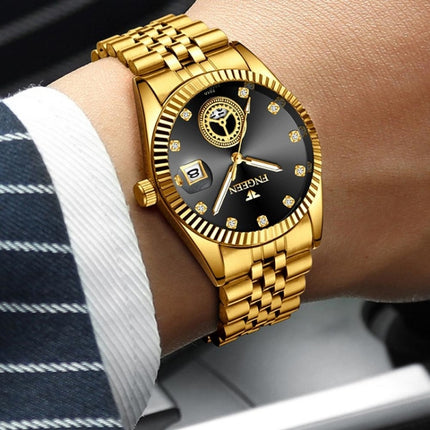 FNGEEN 7010 Middle-Aged and Elderly Men Luminous Calendar Quartz Watch(All Gold Black Sueface)-garmade.com