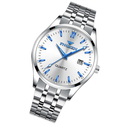 FNGEEN 2111 Men Simple Luminous Calendar Quartz Watch(White Steel White Surface)-garmade.com