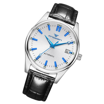 FNGEEN 2111 Men Simple Luminous Calendar Quartz Watch(Black Leather White Shell White Surface)-garmade.com