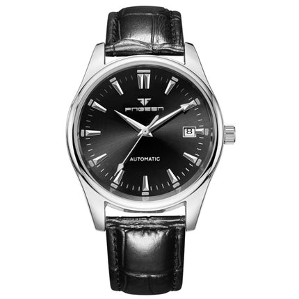 FNGEEN 2111 Men Simple Luminous Calendar Quartz Watch(Black Leather White Shell Black Surface)-garmade.com