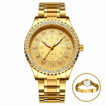 FNGEEN S777 Men Gold-Plated Diamond Zodiac Pattern Quartz Watch(Steel Belt)-garmade.com