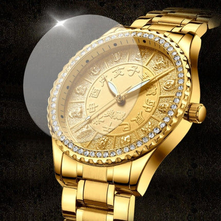 FNGEEN S777 Men Gold-Plated Diamond Zodiac Pattern Quartz Watch(Steel Belt)-garmade.com