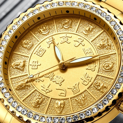 FNGEEN S777 Men Gold-Plated Diamond Zodiac Pattern Quartz Watch(Leather Brown Belt)-garmade.com