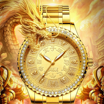 FNGEEN S777 Men Gold-Plated Diamond Zodiac Pattern Quartz Watch(Steel Belt)-garmade.com