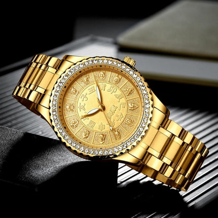 FNGEEN S777 Men Gold-Plated Diamond Zodiac Pattern Quartz Watch(Steel Belt)-garmade.com