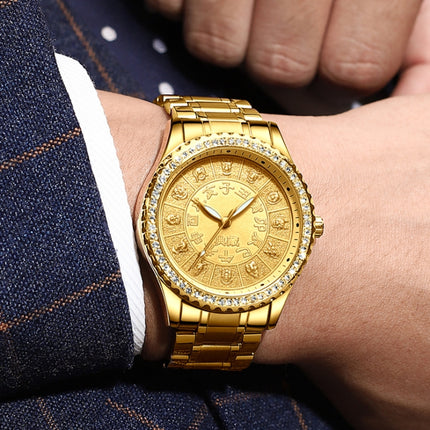 FNGEEN S777 Men Gold-Plated Diamond Zodiac Pattern Quartz Watch(Leather Brown Belt)-garmade.com