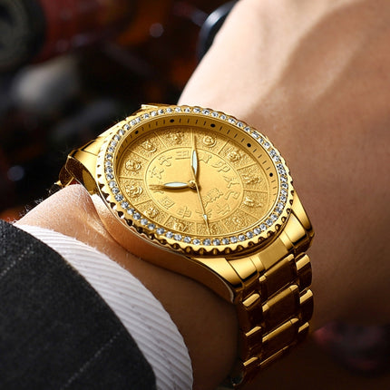 FNGEEN S777 Men Gold-Plated Diamond Zodiac Pattern Quartz Watch(Steel Belt)-garmade.com