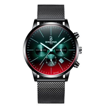 BINBONG B0135 Men Ultra-thin Three-eye Six-pin Multi-function Symphony Sports Watch(Black Mash Black Surface)-garmade.com