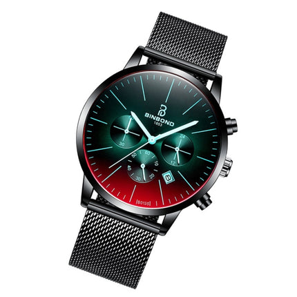 BINBONG B0135 Men Ultra-thin Three-eye Six-pin Multi-function Symphony Sports Watch(Black Mash Black Surface)-garmade.com