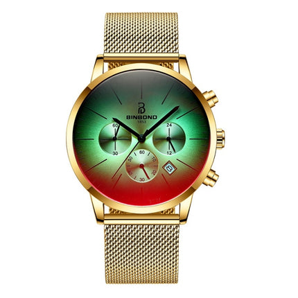 BINBONG B0135 Men Ultra-thin Three-eye Six-pin Multi-function Symphony Sports Watch(Gold Mesh Golden Surface)-garmade.com