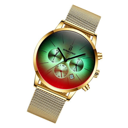 BINBONG B0135 Men Ultra-thin Three-eye Six-pin Multi-function Symphony Sports Watch(Gold Mesh Golden Surface)-garmade.com