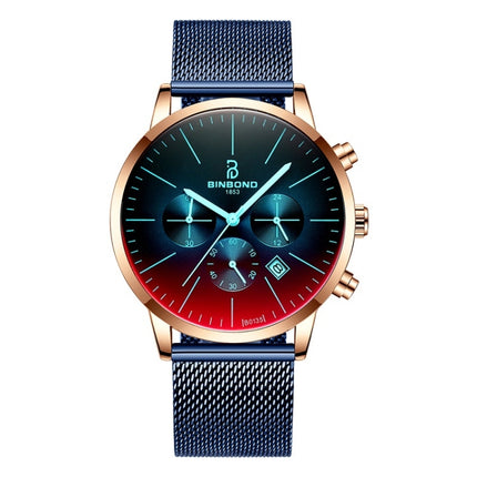 BINBONG B0135 Men Ultra-thin Three-eye Six-pin Multi-function Symphony Sports Watch(Blue Mash Rose Shell Blue Surface)-garmade.com