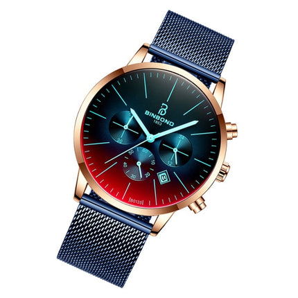 BINBONG B0135 Men Ultra-thin Three-eye Six-pin Multi-function Symphony Sports Watch(Blue Mash Rose Shell Blue Surface)-garmade.com