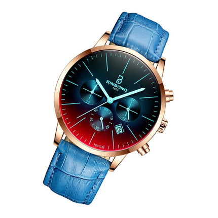 BINBONG B0135 Men Ultra-thin Three-eye Six-pin Multi-function Symphony Sports Watch(Blue Leather Rose Shell Blue Surface)-garmade.com