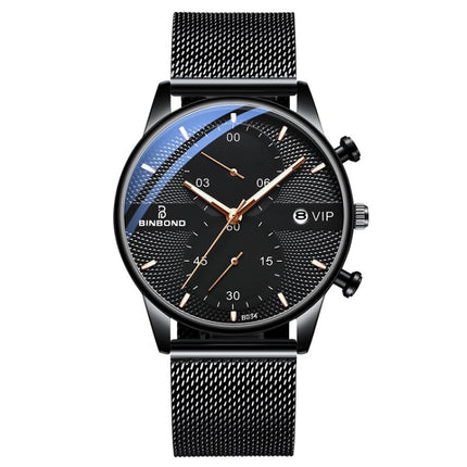 BINBONG B0158 Men Luminous Multifunctional Business Quartz Watch(Black Mash Black Shell Black Surface)-garmade.com