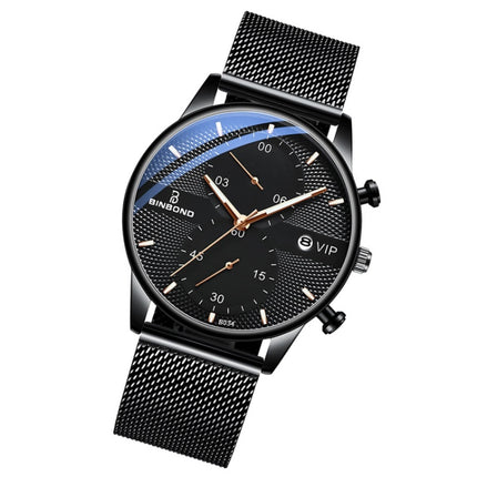 BINBONG B0158 Men Luminous Multifunctional Business Quartz Watch(Black Mash Black Shell Black Surface)-garmade.com