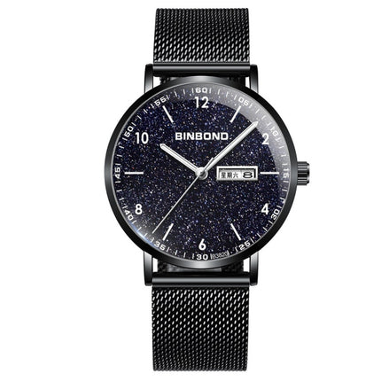 BINBONG B3820 Men Simple Luminous Quartz Watch Student Trendstarry Starry Sky Pattern Watch(Black Mash Black Shell White Nails)-garmade.com