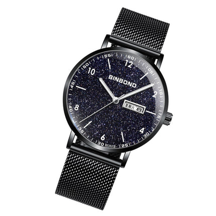 BINBONG B3820 Men Simple Luminous Quartz Watch Student Trendstarry Starry Sky Pattern Watch(Black Mash Black Shell White Nails)-garmade.com