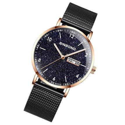 BINBONG B3820 Men Simple Luminous Quartz Watch Student Trendstarry Starry Sky Pattern Watch(Black Mash Rose Shell Rose Gold Nails)-garmade.com