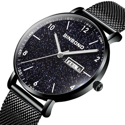 BINBONG B3820 Men Simple Luminous Quartz Watch Student Trendstarry Starry Sky Pattern Watch(Black Leather Black Shell White Nails)-garmade.com