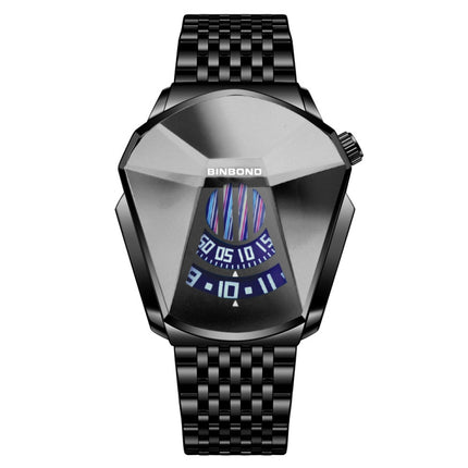 BINBONG 01 Men Locomotive Concept Diamond Dial Quartz Watch(Black Steel White Surface)-garmade.com