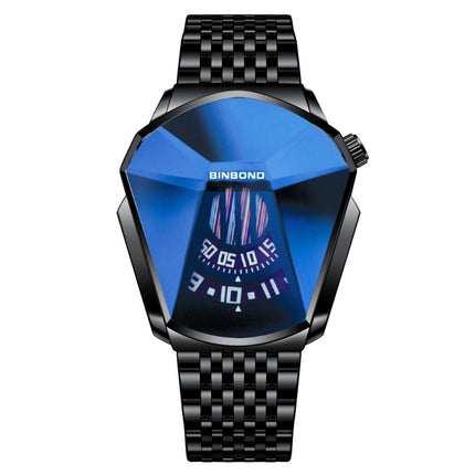 BINBONG 01 Men Locomotive Concept Diamond Dial Quartz Watch(Black Steel Blue Surface)-garmade.com