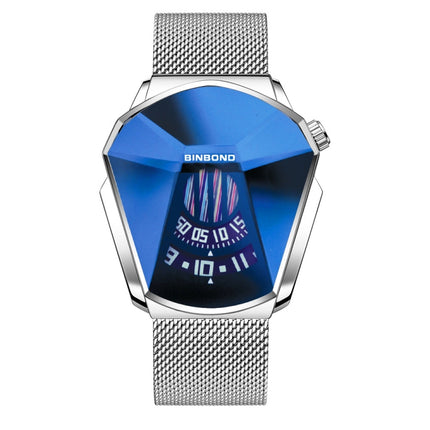 BINBONG 01 Men Locomotive Concept Diamond Dial Quartz Watch(White Mash White Steel Blue Surface)-garmade.com