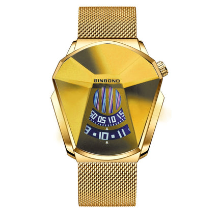 BINBONG 01 Men Locomotive Concept Diamond Dial Quartz Watch(Gold Mash Full Gold Golden Surface)-garmade.com