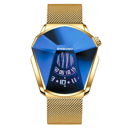 BINBONG 01 Men Locomotive Concept Diamond Dial Quartz Watch(Gold Net Full Gold Blue Surface)-garmade.com