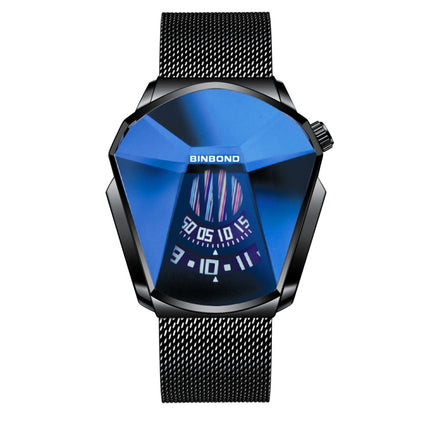 BINBONG 01 Men Locomotive Concept Diamond Dial Quartz Watch(Black Mash Black Steel Blue Surface)-garmade.com