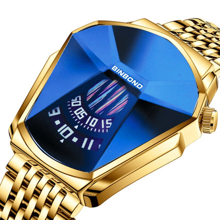 BINBONG 01 Men Locomotive Concept Diamond Dial Quartz Watch(Full Gold Blue Surface)-garmade.com