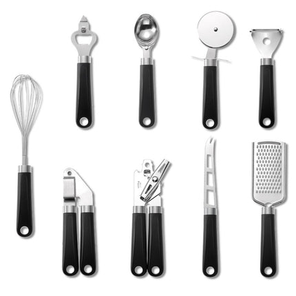 9 in 1 Plastic Handle Stainless Steel Kitchen Utensils Household Gadget Set(Black)-garmade.com