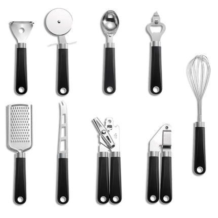 9 in 1 Plastic Handle Stainless Steel Kitchen Utensils Household Gadget Set(Black)-garmade.com