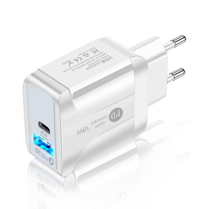 18W PD + QC 3.0 Fast Charge Travel Charger Power Adapter With LED Indication Function( EU Plug White)-garmade.com