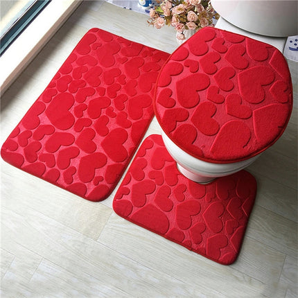 2 Sets Three-Piece Set Flannel Anti-Slip Kitchen Bath Toilet Rug Mat Washable Carpet(Red Heart)-garmade.com